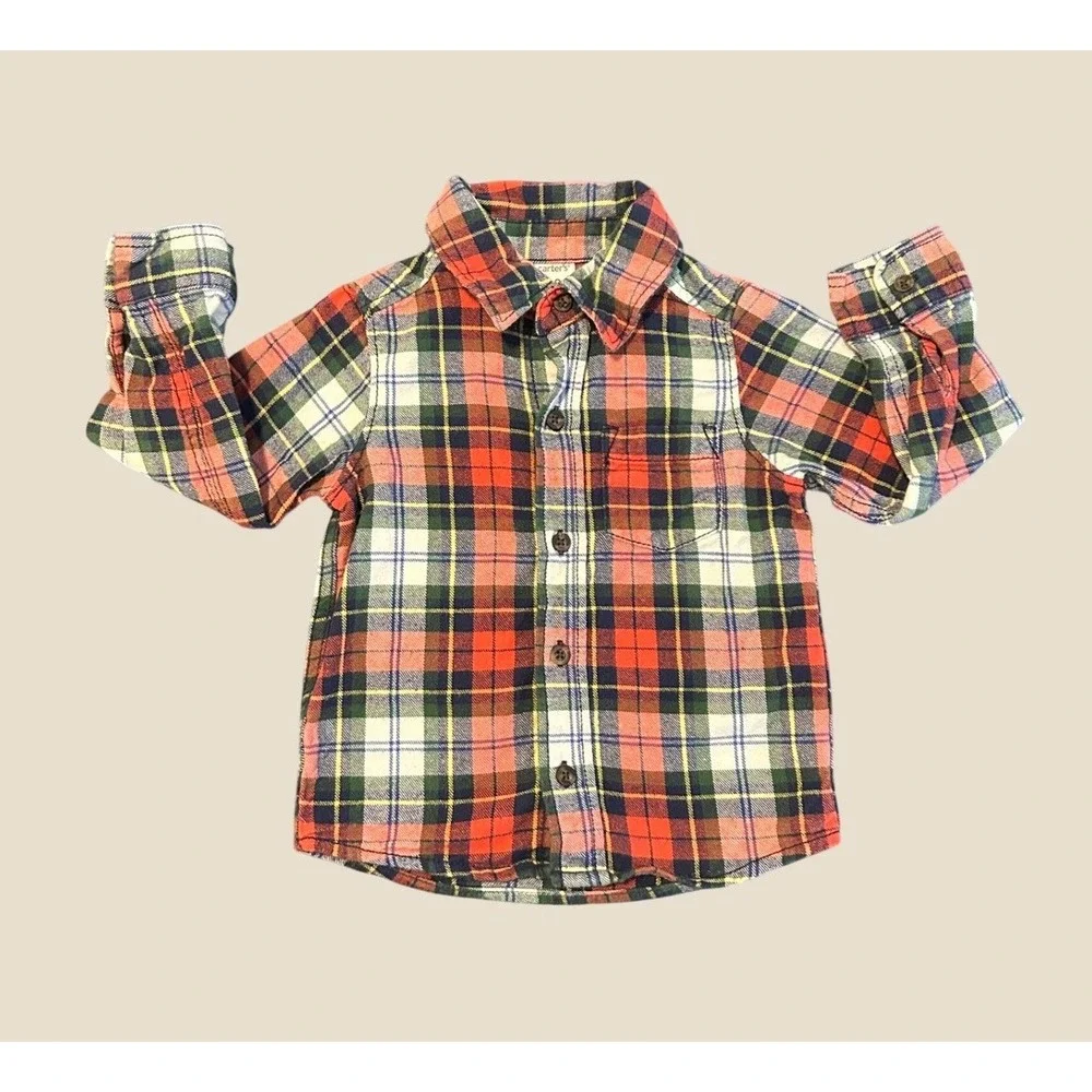 Carters Toddler Boys Red Green Plaid Flannel Button Down Shirt 18 Months 1526